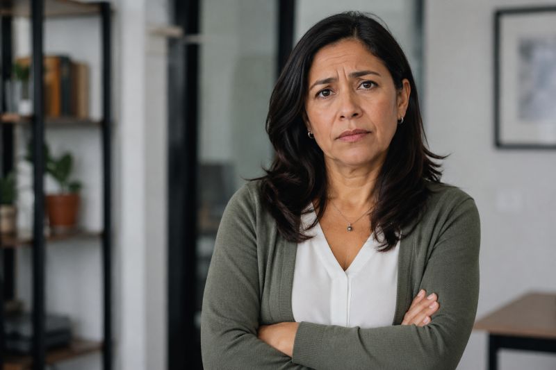 Worried hispanic woman standing at home with arms folded